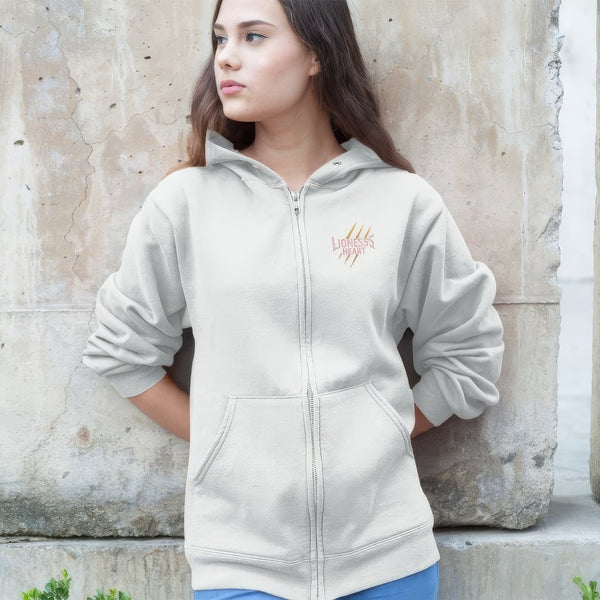 LIONHEART-ORIGIN Zip-Up Hoodie with Front Lioness Heart Claw and Back Lion Head Shield Print